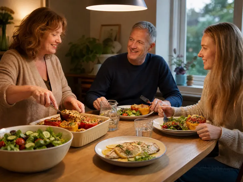 Una familia comparte en la mesa pimientos rellenos, ensalada y pescado al horno