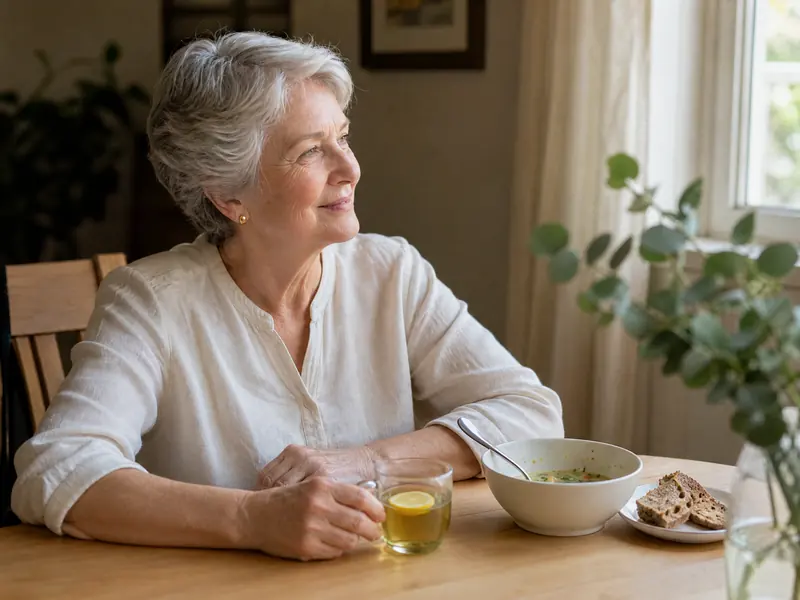 Una mujer tranquila en la mesa después de una crema de verduras y un té con limón
