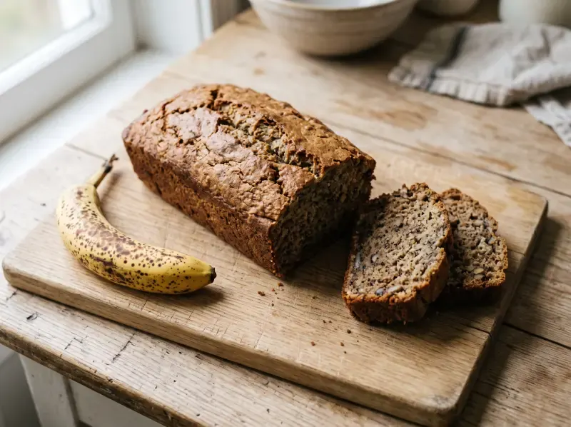 Pan de plátano sin azúcar refinada, cortado en rebanadas