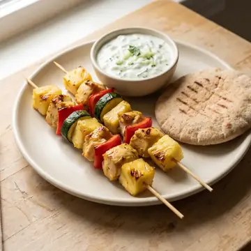 Brochetas de pollo y verduras