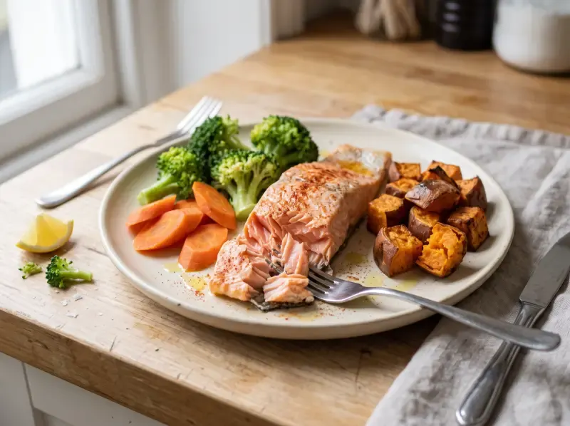 Salmón al horno con brócoli, zanahoria al vapor y batata asada